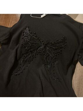 Muy Muy Fancy Collection Black Bling Embroidered Butterfly Pearl Beads M Blouse